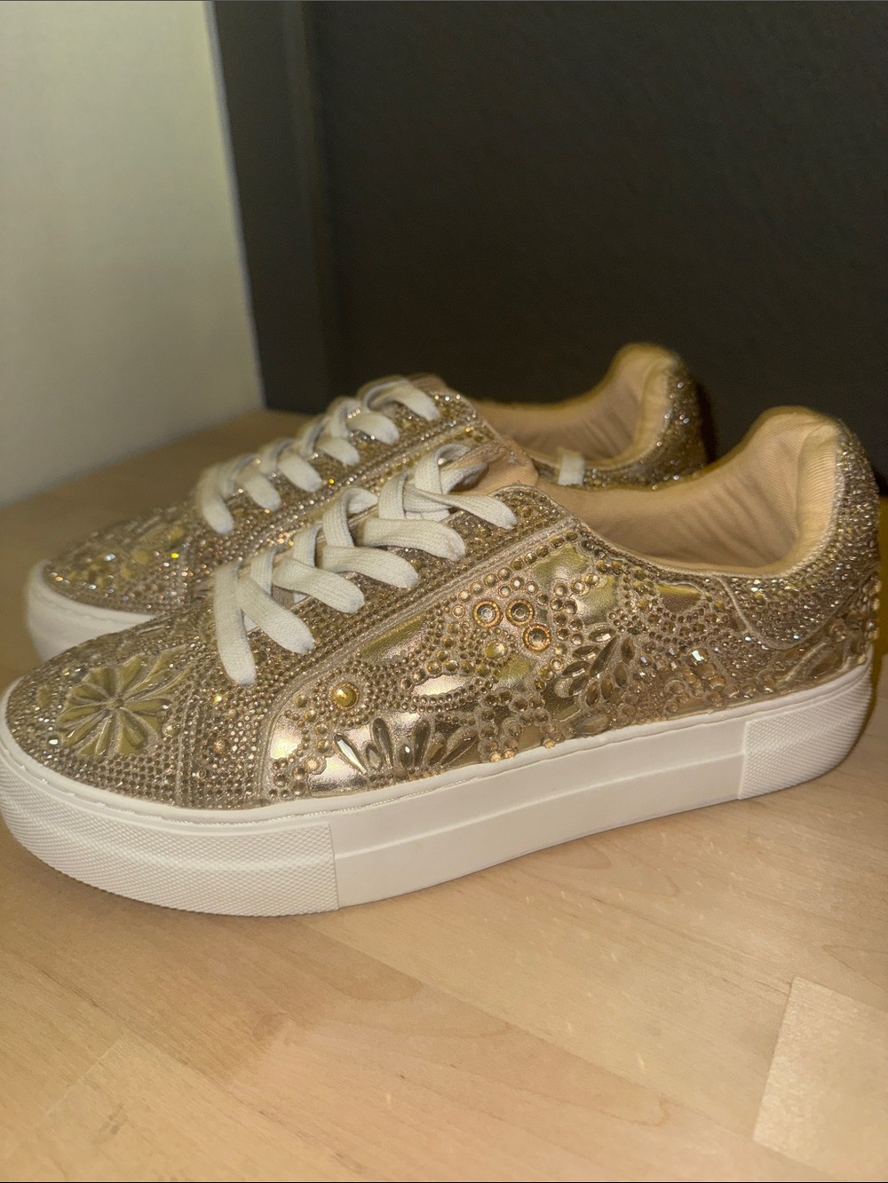 Betsey Johnson Gold Crystal Embellished Platform Sneakers - Picture 3 of 7